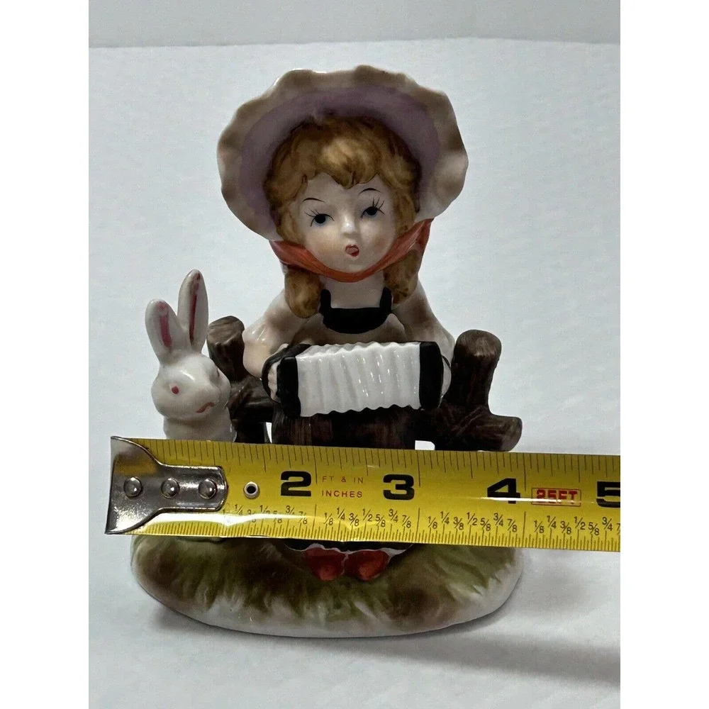 Vintage Porcelain Girl On Fence Playing‎ Accordion with Bunny Rabbit Figurine